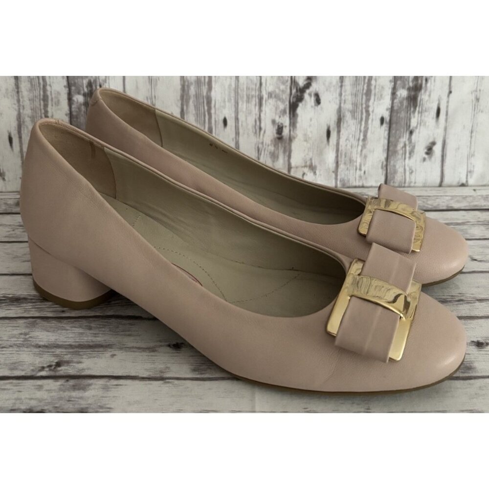 Amalfi Blush Pink Block Heel Pumps with Gold Buckle